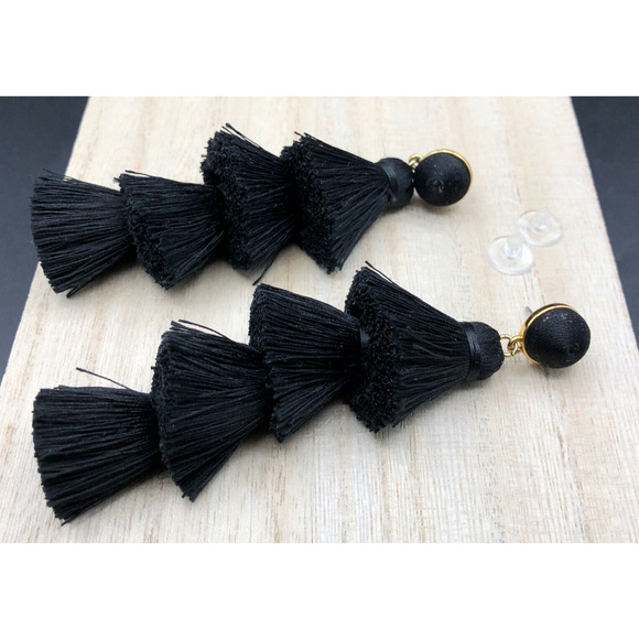Baublebar Pierced Earrings Gabriela 4" Black Tiered Tassel Fringe Boho Dangles - Picture 4 of 6